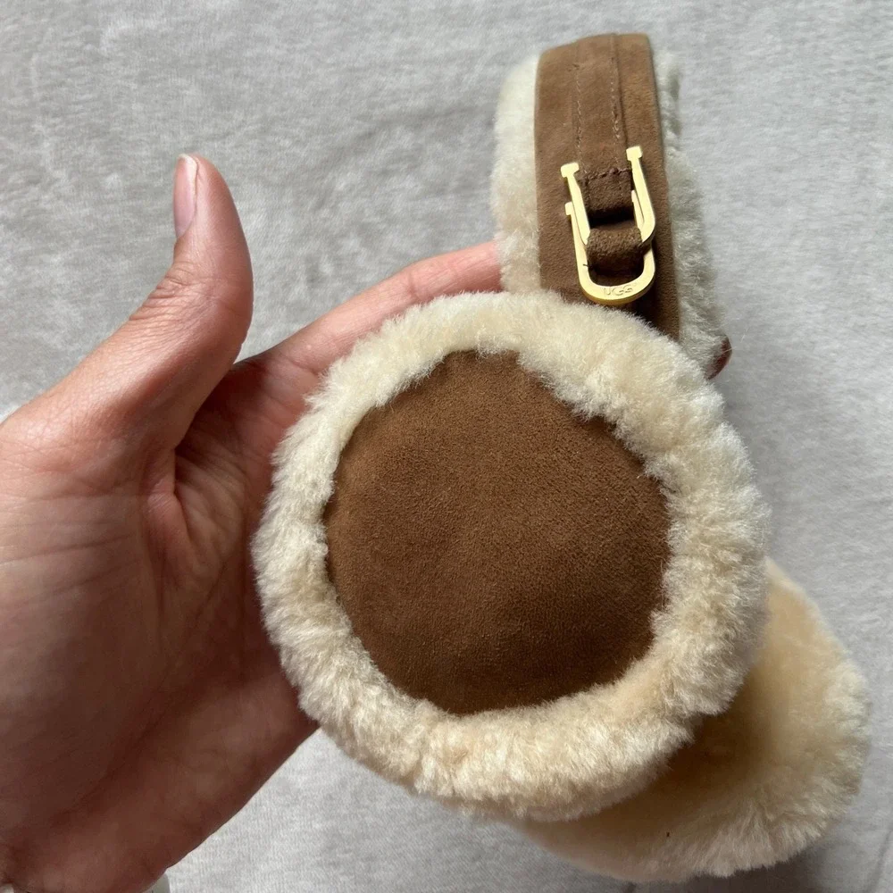 UGG Australia Chestnut Suede Real Shearling Sheepskin Earmuffs Gold tone Buckle - Picture 2 of 7